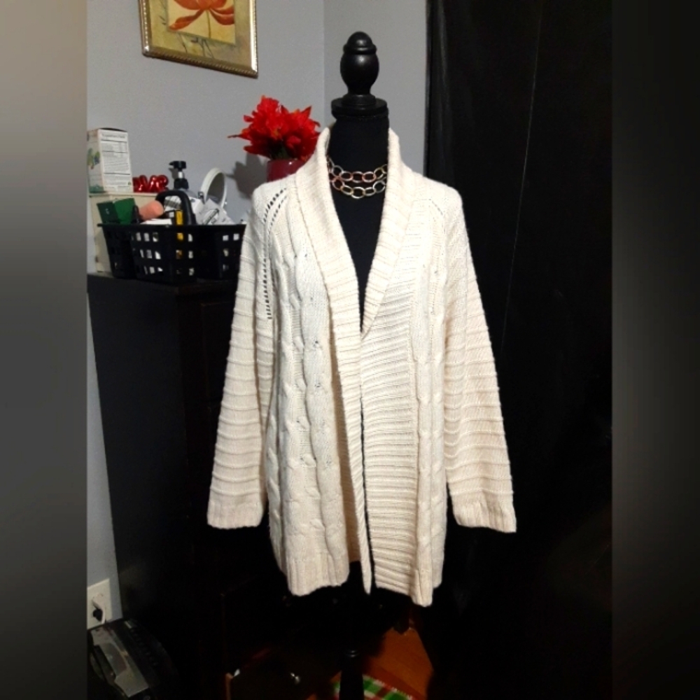 Talbots Women's Sweater Cardigan Wool Blend Cream White Size XL Petite Boho